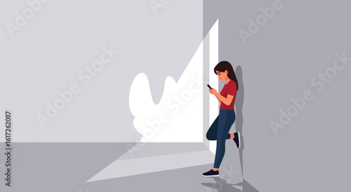 Woman Leaning Against Wall Using Smartphone In A Modern Setting Illustration