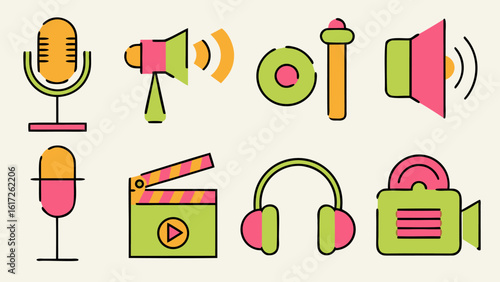 Collection of audio broadcast symbols featuring a prominent microphone and related elements for media content creation and communication platforms