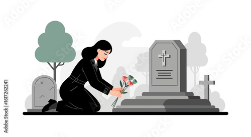 Woman Mourning At Grave Remembering The Departed In Grief And Sadness
