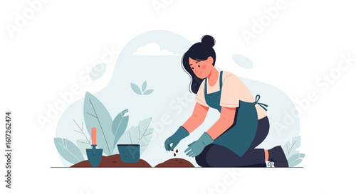 Woman Planting Seeds In Garden Enjoying Gardening As A Hobby