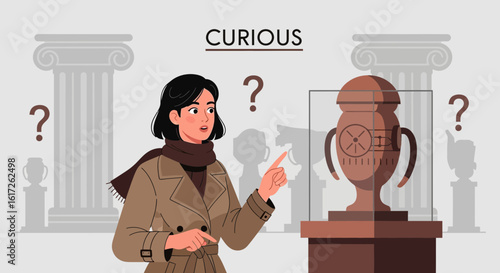 Woman Pondering Ancient Artifacts In An Art Museum Display Exhibit Curious