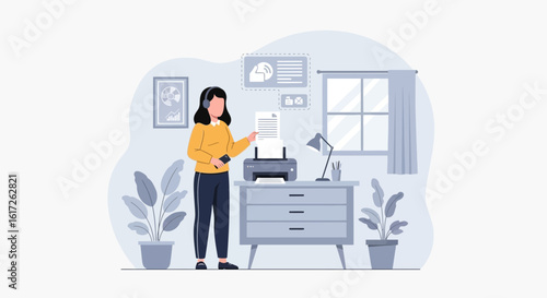 Woman Prints Documents And Answers Calls At The Comfortable Home Office Setup