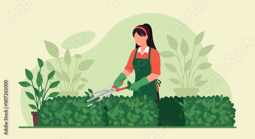 Woman Pruning Hedges With Gardening Shears Maintaining Garden With Healthy Foliage
