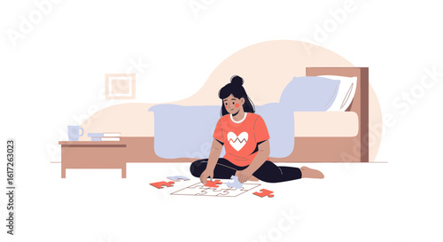 Woman Relaxing At Home Completing Jigsaw Puzzle On The Floor In Bedroom