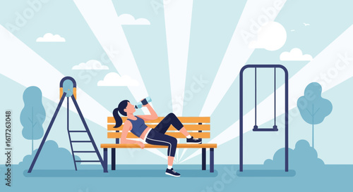 Woman resting on bench drinking water after exercise at the playground park