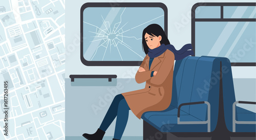 Woman Sitting Sad On Train After Vandalism Incident Illustration