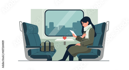 Woman Traveling By Train Reading A Letter Looking Sad And Lonely