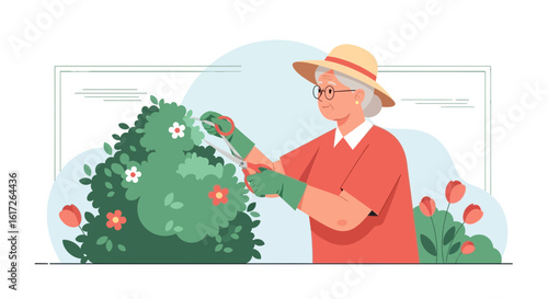 Woman Trimming Shrub With Gardening Shears Cultivating Bush In Her Backyard