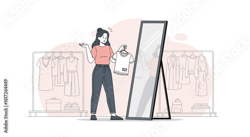 Woman Trying On Clothes In Fitting Room With Mirror And Wardrobe