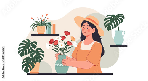 Woman With Flowers Illustration, Florist Arranging Bouquet At Home, Houseplant Hobby