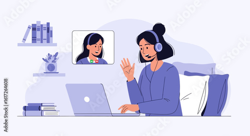 Woman With Headset Participating In An Online Video Call From Home