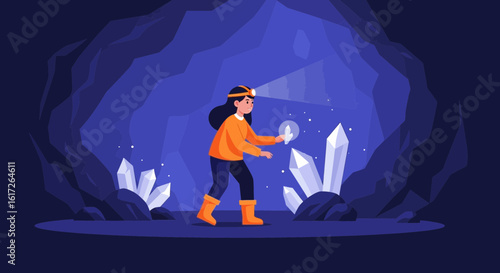 Woman With Headlamp Finds Crystals In A Mysterious Dark Underground Cave