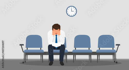 Worried Businessman Sits Alone Waiting Anxious In Empty Waiting Room