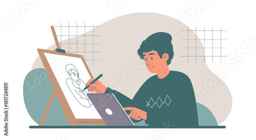 Young Artist Drawing Digital Portrait On Canvas With Tablet Tool