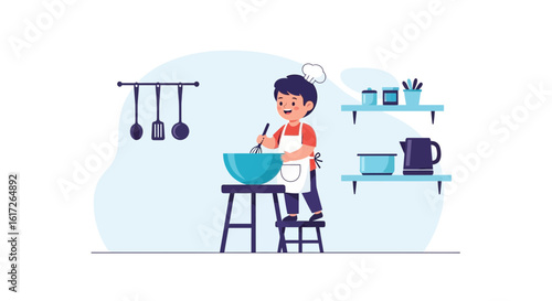 Young Boy Baking With Enthusiasm In The Kitchen At Home Vector Illustration