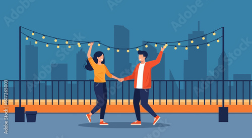 Young Couple Dancing Joyfully on a Rooftop Terrace at Night with City Skyline