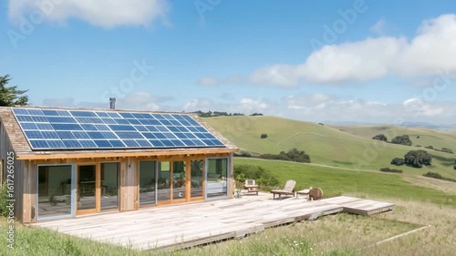 Wallpaper Mural Tranquil Sustainable Home with Solar Panels Surrounded by Lush Green Hills and Clear Skies Torontodigital.ca