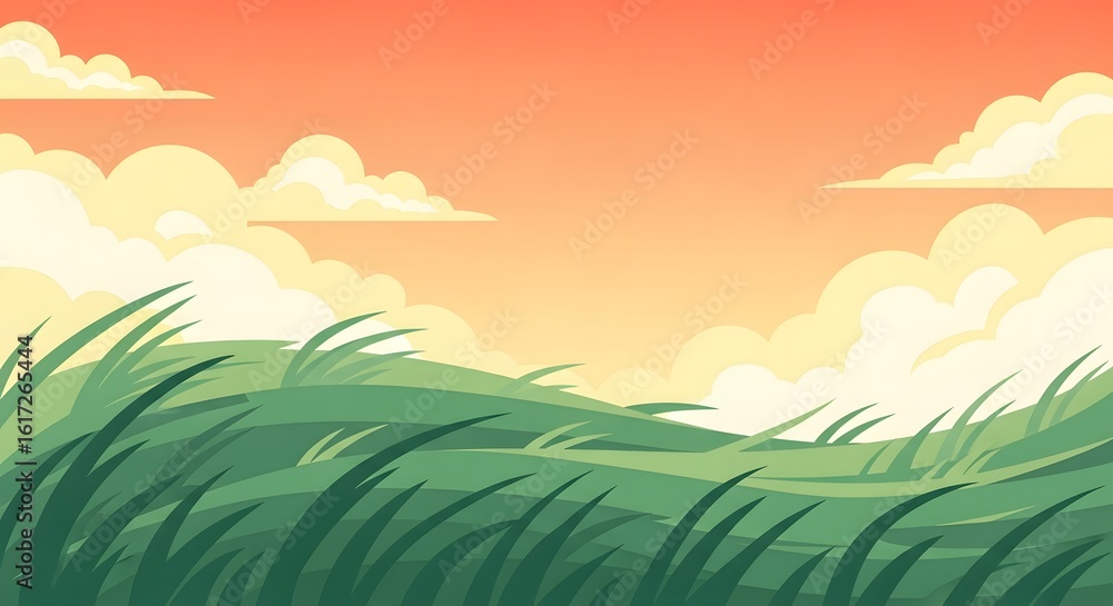 Obraz premium Peaceful summer meadow with blowing green grass under a serene orange sunset sky. A tranquil nature landscape illustration.
