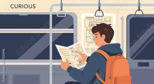 Young Man Exploring City with Map During Train Commute on Urban Transit