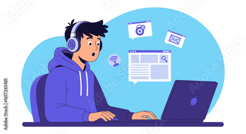 Young man immersed in online communication and digital interaction illustration