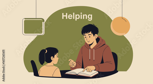 Young Man Tutoring Girl At Desk Explaining Lessons From Open Book