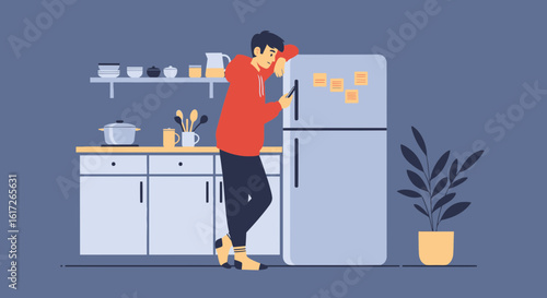 Young Man Using Smartphone Leaning on Refrigerator in Modern Kitchen Interior