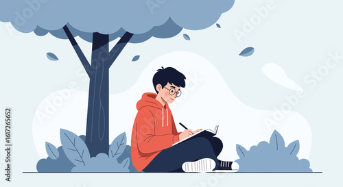 Young Man Writing Under Tree Illustration Relaxing Outdoor Minimalist Style