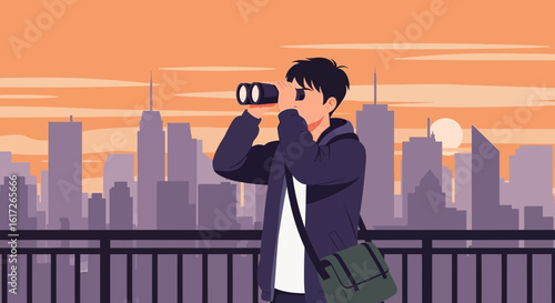 Young Man's Urban Exploration With Binoculars Against Cityscape Backdrop