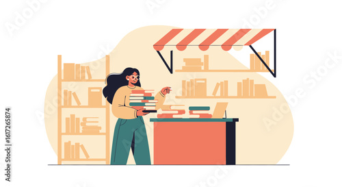 Young Woman Arranging Books At Independent Store Shelf Display Illustration