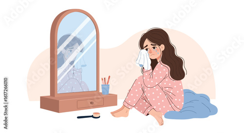 Young Woman Crying In Front Of A Mirror Feeling Sad And Depression