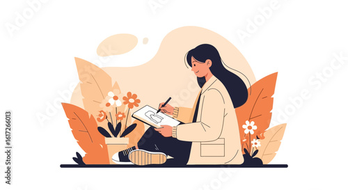 Young Woman Creating Art Outdoors With Nature Inspired Illustration