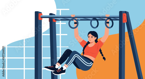 Young Woman Doing Exercises on Rings at a Bar Outside Fitness Activity