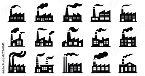 Set of factory, power plant, oil refinery, and industrial in vector style
