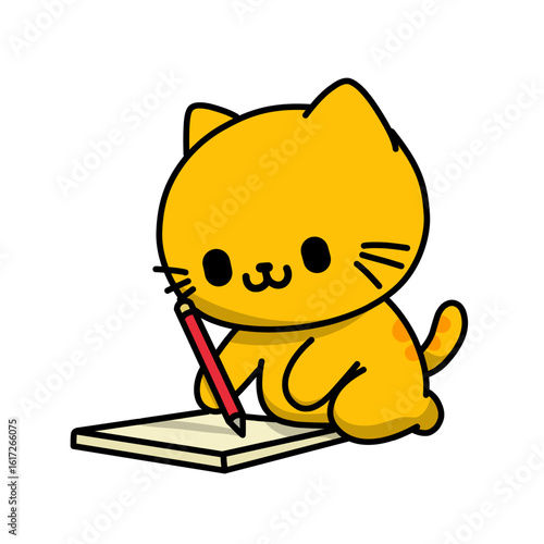 Cartoon vector illustration of a sitting cat learning to write, used as icon or sticker, logo.