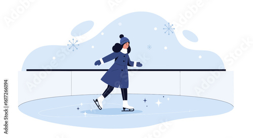 Young Woman Enjoying Ice Skating in Winter Outdoor Rink Illustration