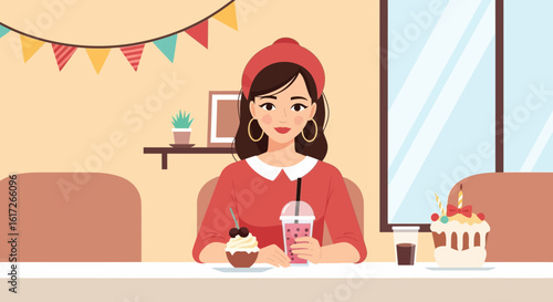 Young woman enjoying a sweet treat and refreshing beverage in a cozy cafe setting celebration