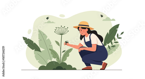 Young Woman Exploring Plant Life in a Garden on a Sunny Day