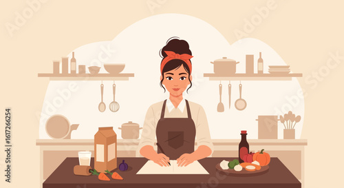 Young woman in kitchen planning healthy meal and writing recipe at home illustration concept recipe preparation healthy food planning lifestyle