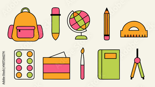 Comprehensive collection of educational tools including a backpack open book world globe and art supplies like paints and rulers perfect for academic themes