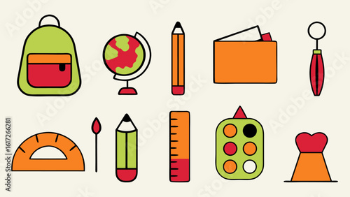 Comprehensive collection of educational and artistic tools including a backpack open book world globe and art supplies like paints and a ruler presented in a clean graphic style
