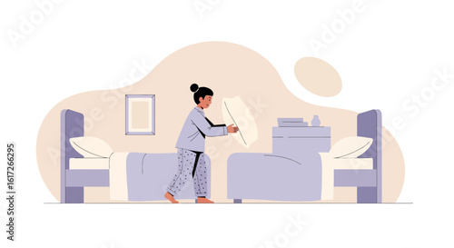 Young woman making the bed, bedroom interior, concept of home and comfort, preparing for sleep routine, morning awakening and relaxation time