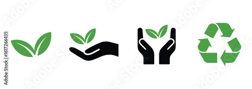 Green Leaf and Recycle Icons: Environmental Protection, Nature, Sustainability, and Eco-Friendly Symbols