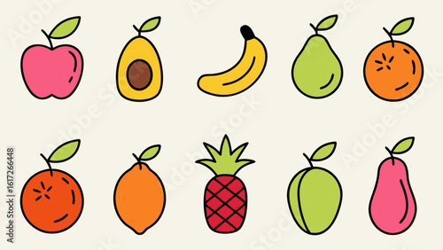 Collection of vibrant hand drawn tropical fruit illustrations featuring a variety of colorful and organic produce perfect for summer designs