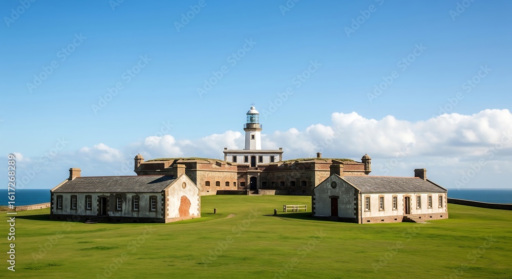 Obraz premium A lighthouse stands atop a fortified building surrounded by green grass and smaller structures, all under a clear blue sky with scattered clouds. Coastal view.