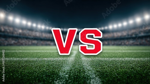 Dynamic sports competition matchup template featuring a vivid green football stadium field, central glowing “VS” logo between two opposing team placeholders