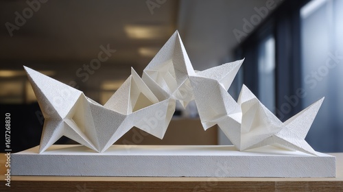 White geometric origami - style sculpture, angular and linear 3D structure, placed on a white base in an indoor setting, showcasing minimalism and geometric aesthetics
