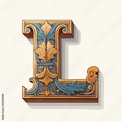 A detail letter L alphabet classic style, linocut and engraving illustration style