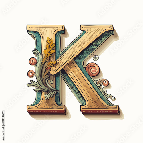A detail letter K alphabet classic style, linocut and engraving illustration style