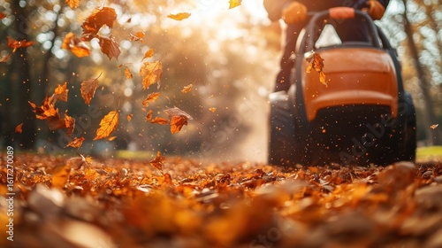 Fototapeta Naklejka Na Ścianę i Meble -  Fallen autumn leaves fly near lawn mower in soft, warm sunlight. It is ideal for themes like fall cleanup or seasonal lawn care.
