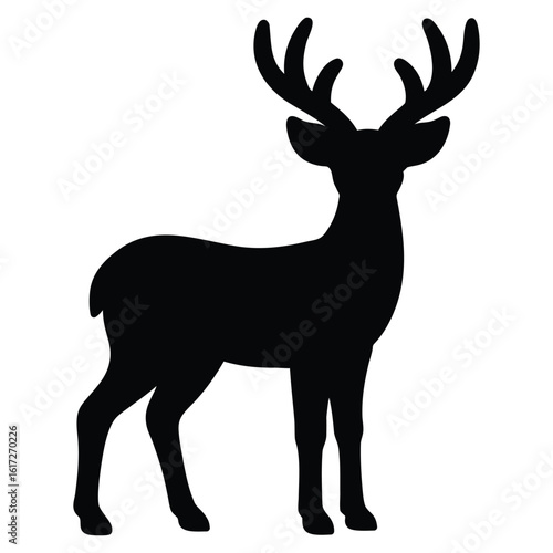 Black silhouette of a majestic stag with large antlers standing on a white background deer 2